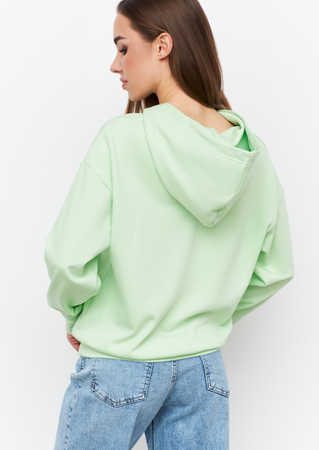 Light green color shortened three-thread hoodie
